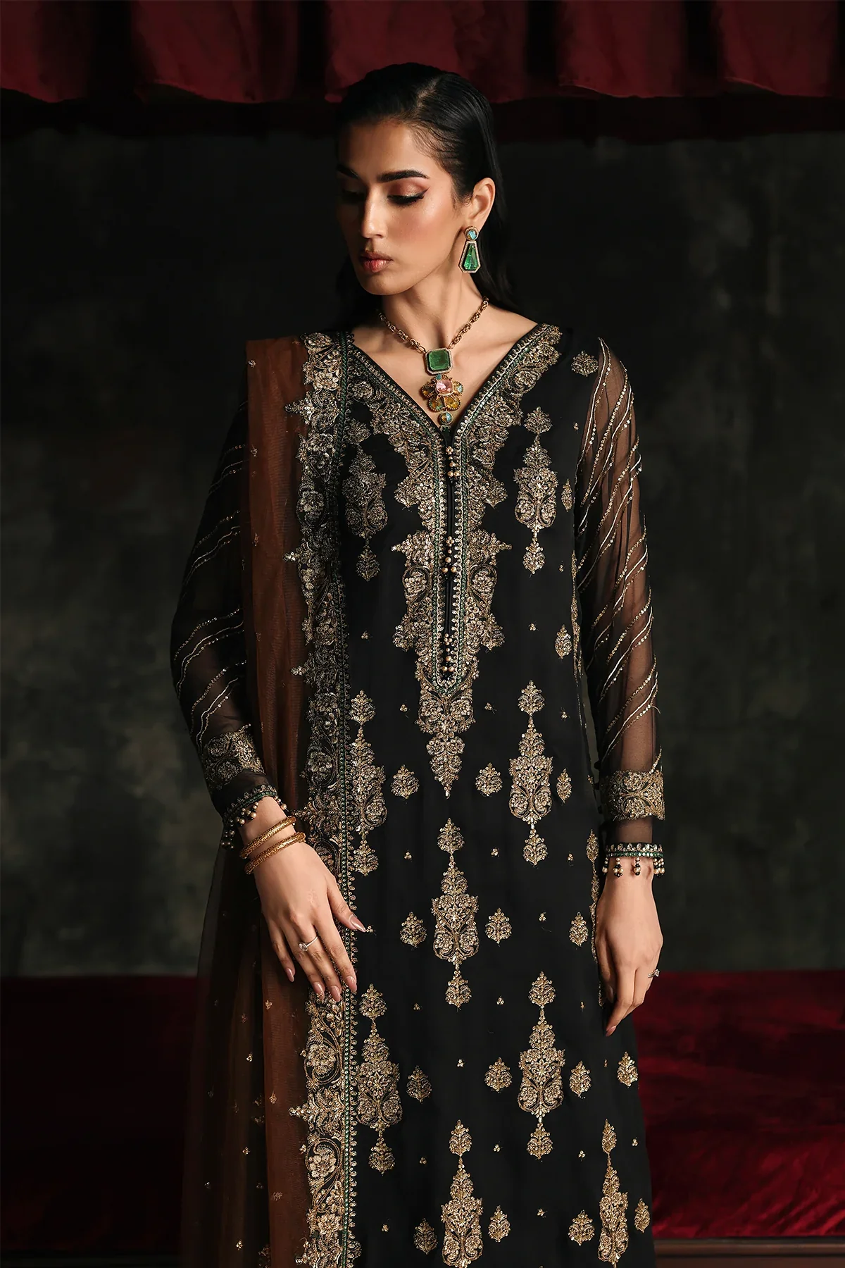 3 Pc Embroidered Dyed Chiffon CA26-01 - PSOK - Image 3