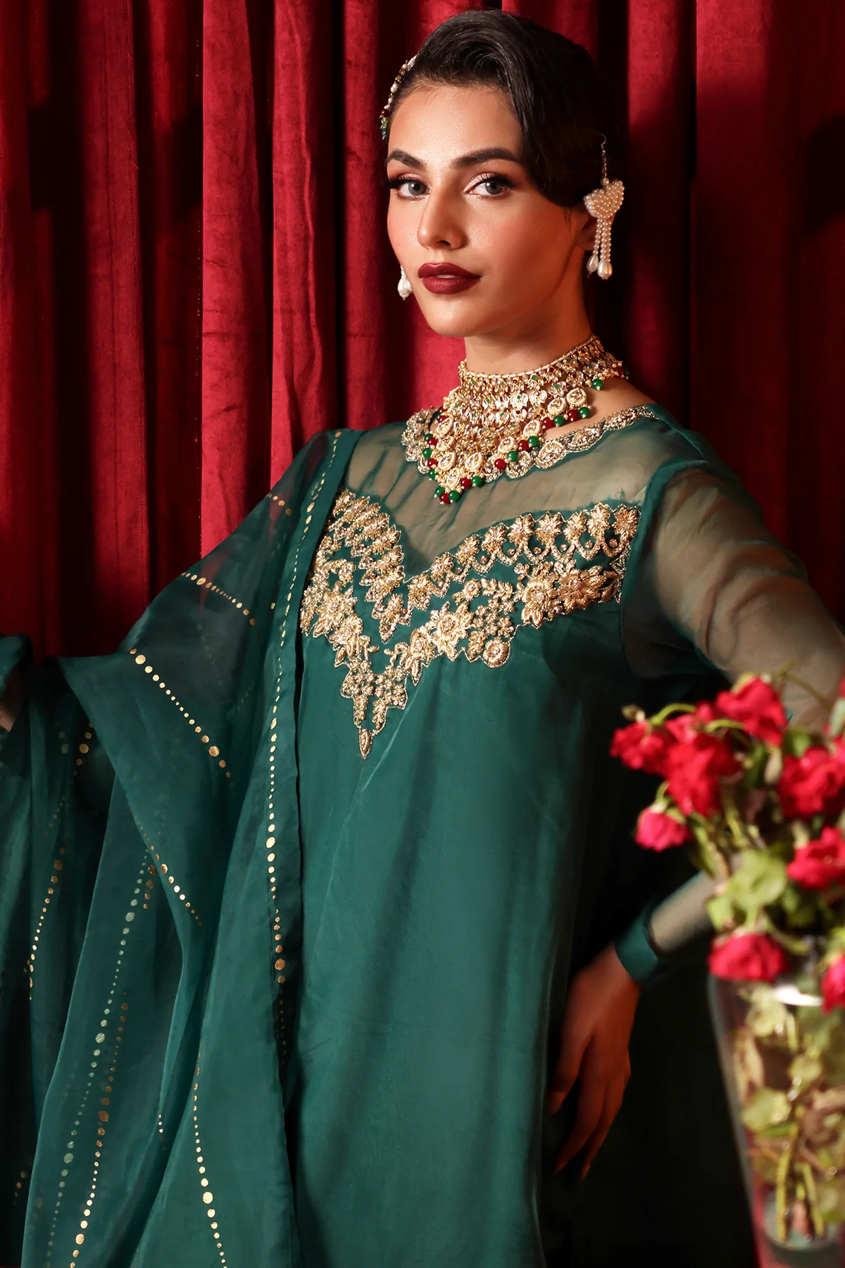 3-PC Embroidered Organza Shirt with Organza Dupatta and Trouser CMA-4-0010-A Green - Image 3