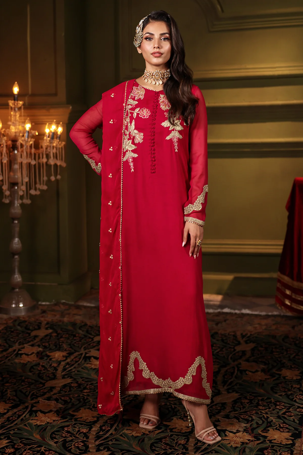 3-PC Embroidered Organza Shirt with Embroidered Chiffon Dupatta and Trouser CMA-4-0022 Pink - Image 3