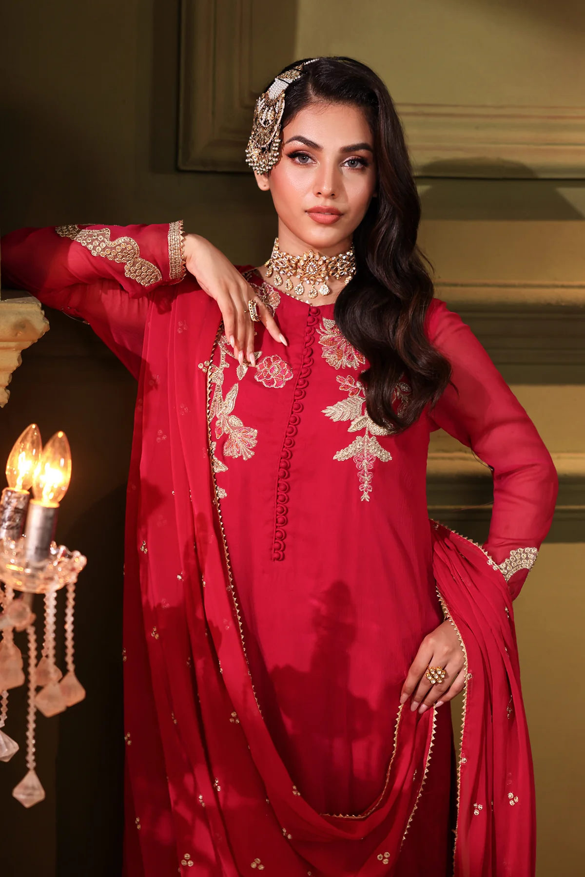 3-PC Embroidered Organza Shirt with Embroidered Chiffon Dupatta and Trouser CMA-4-0022 Pink - Image 5