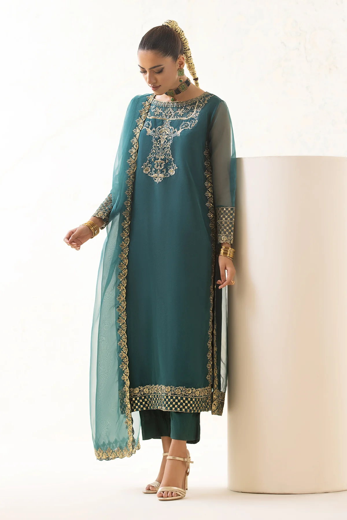 3-PC Embroidered Organza Shirt with Embroidered Organza Dupatta and Trouser CMA-4-0036 - Image 3