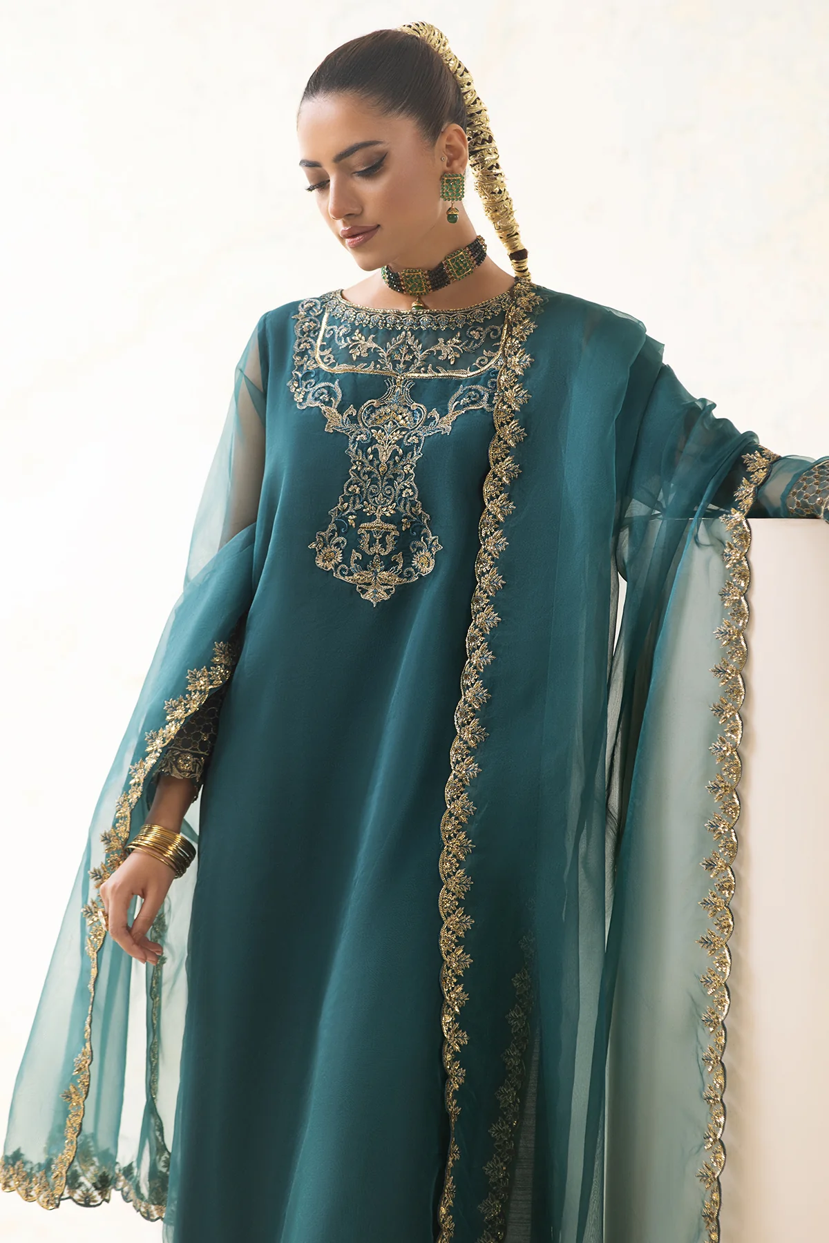 3-PC Embroidered Organza Shirt with Embroidered Organza Dupatta and Trouser CMA-4-0036 - Image 5