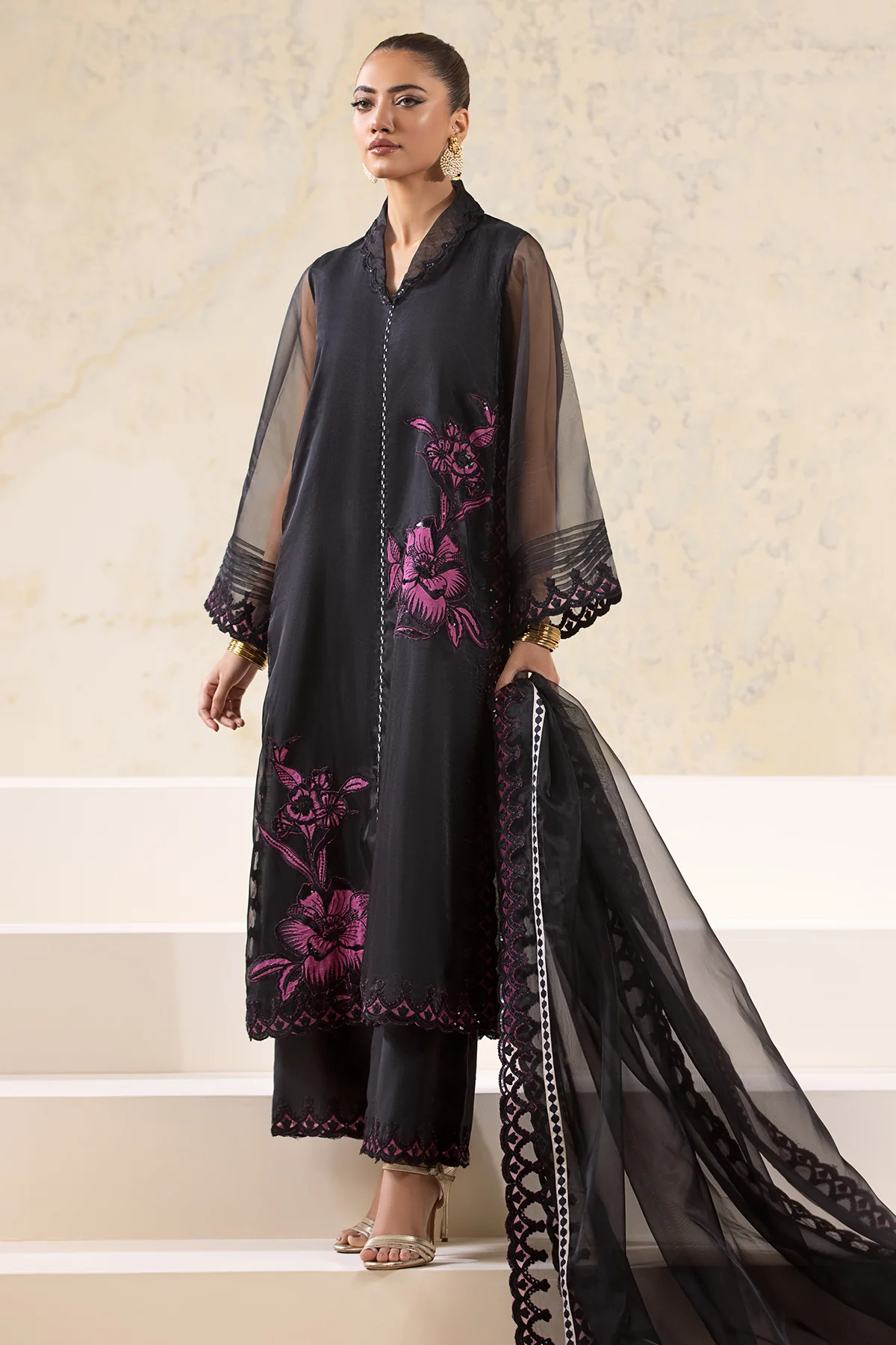 3-PC Embroidered Organza Shirt with Embroidered Organza Dupatta and Trouser CMA-4-02-B - Image 3
