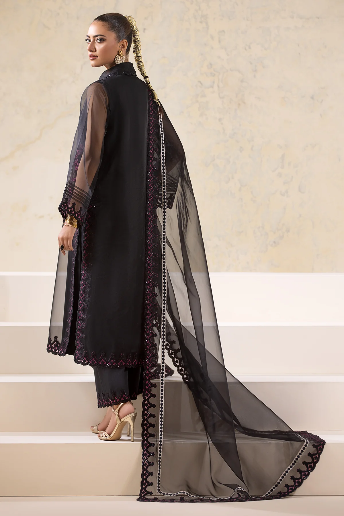 3-PC Embroidered Organza Shirt with Embroidered Organza Dupatta and Trouser CMA-4-02-B - Image 4