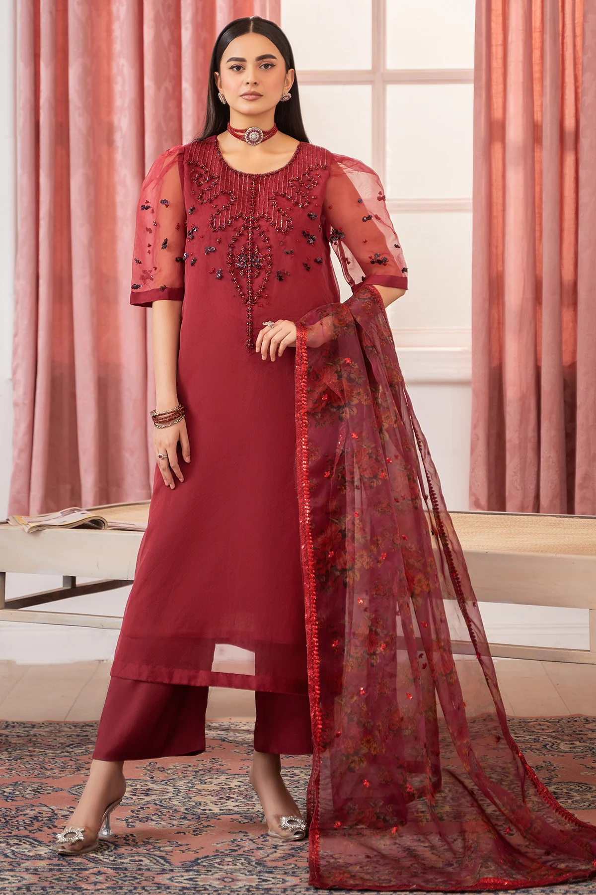 3-PC Embroidered Raw-Silk Suit CMA-5-119