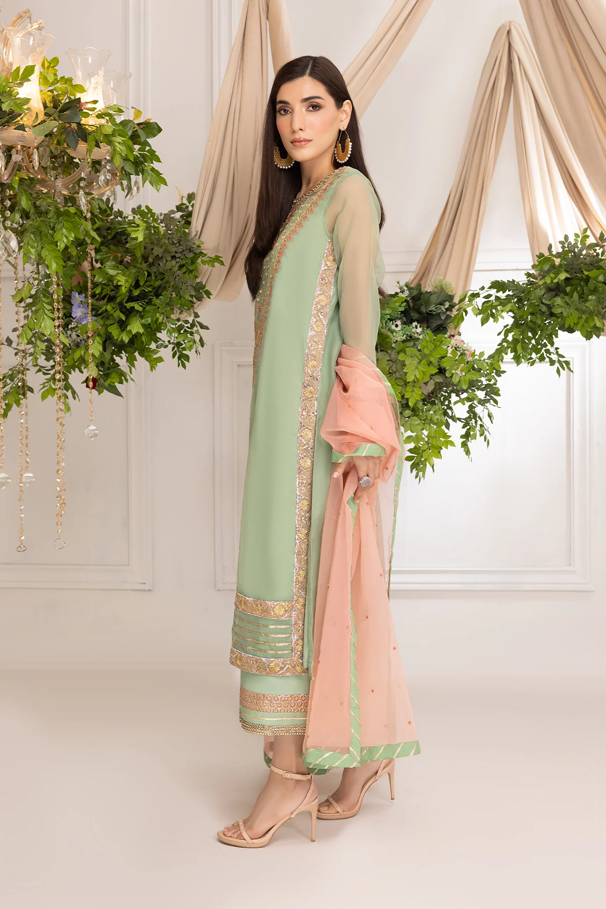 3-Pc Green Organza Shirt With Organza Dupatta and Raw Silk Trouser CMA23-14 - Image 3