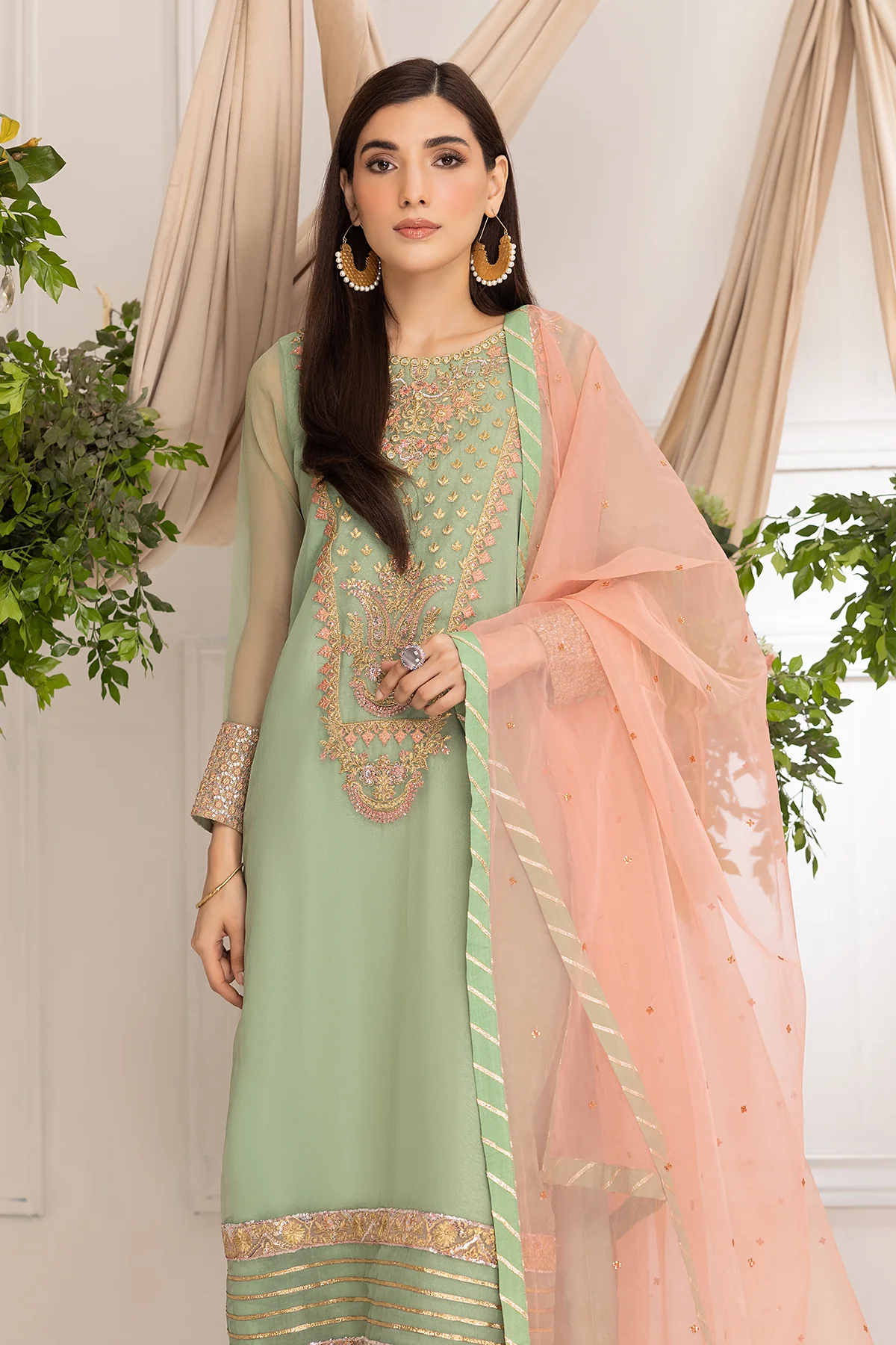 3-Pc Green Organza Shirt With Organza Dupatta and Raw Silk Trouser CMA23-14 - Image 5