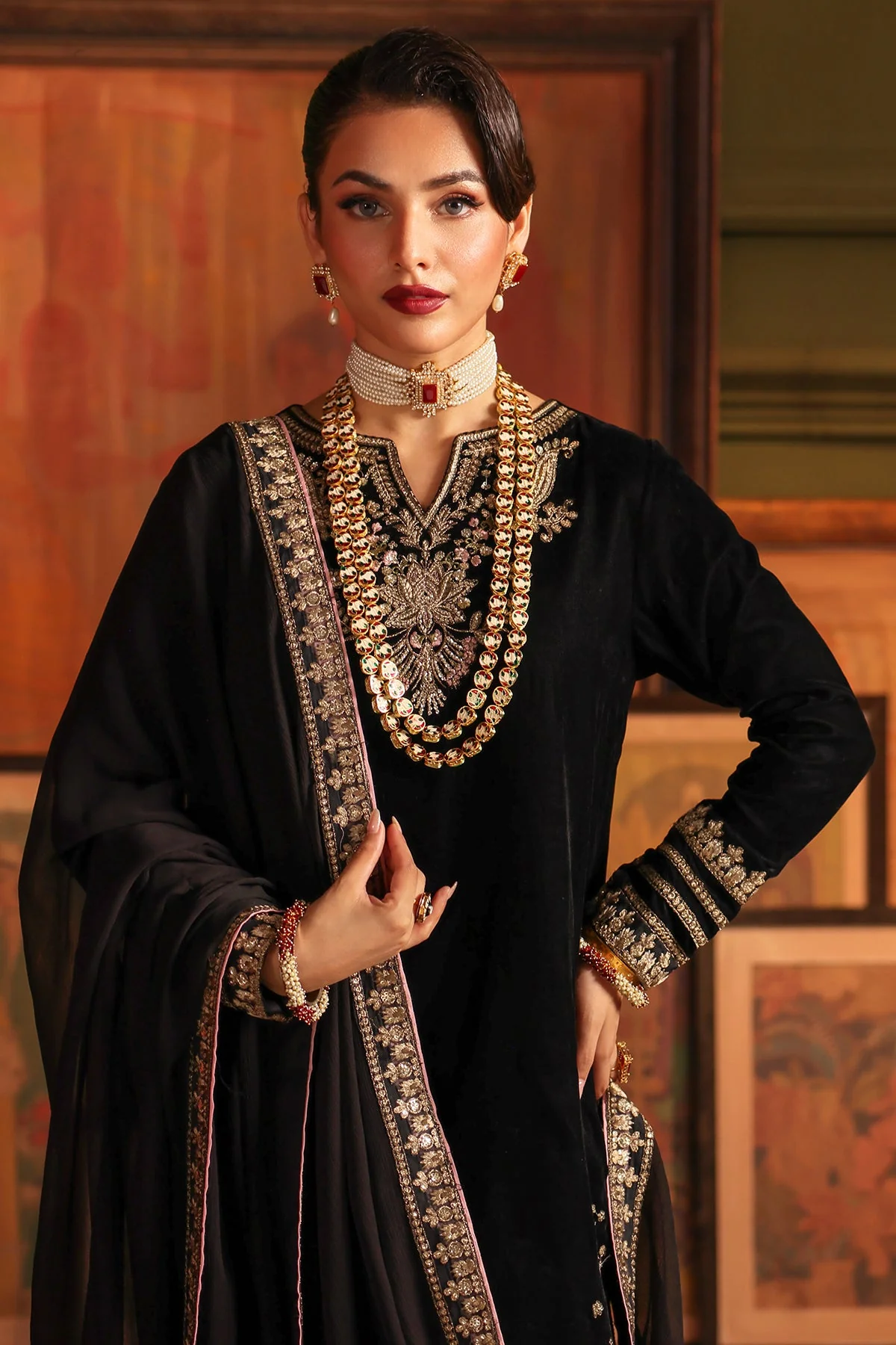 3-PC Embroidered Velvet Shirt with Embroidered Chiffon Dupatta and Trouser VVT-5-16 - Image 4