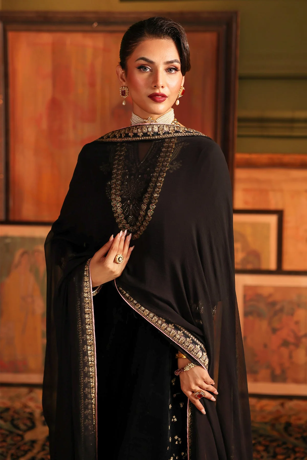 3-PC Embroidered Velvet Shirt with Embroidered Chiffon Dupatta and Trouser VVT-5-16 - Image 5