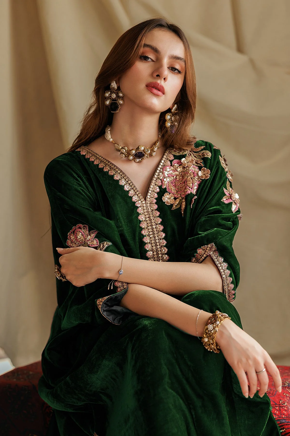 2-PC Embroidered Velvet Kaftaan with Silk Trouser VVT-5-17 GREEN - Image 2