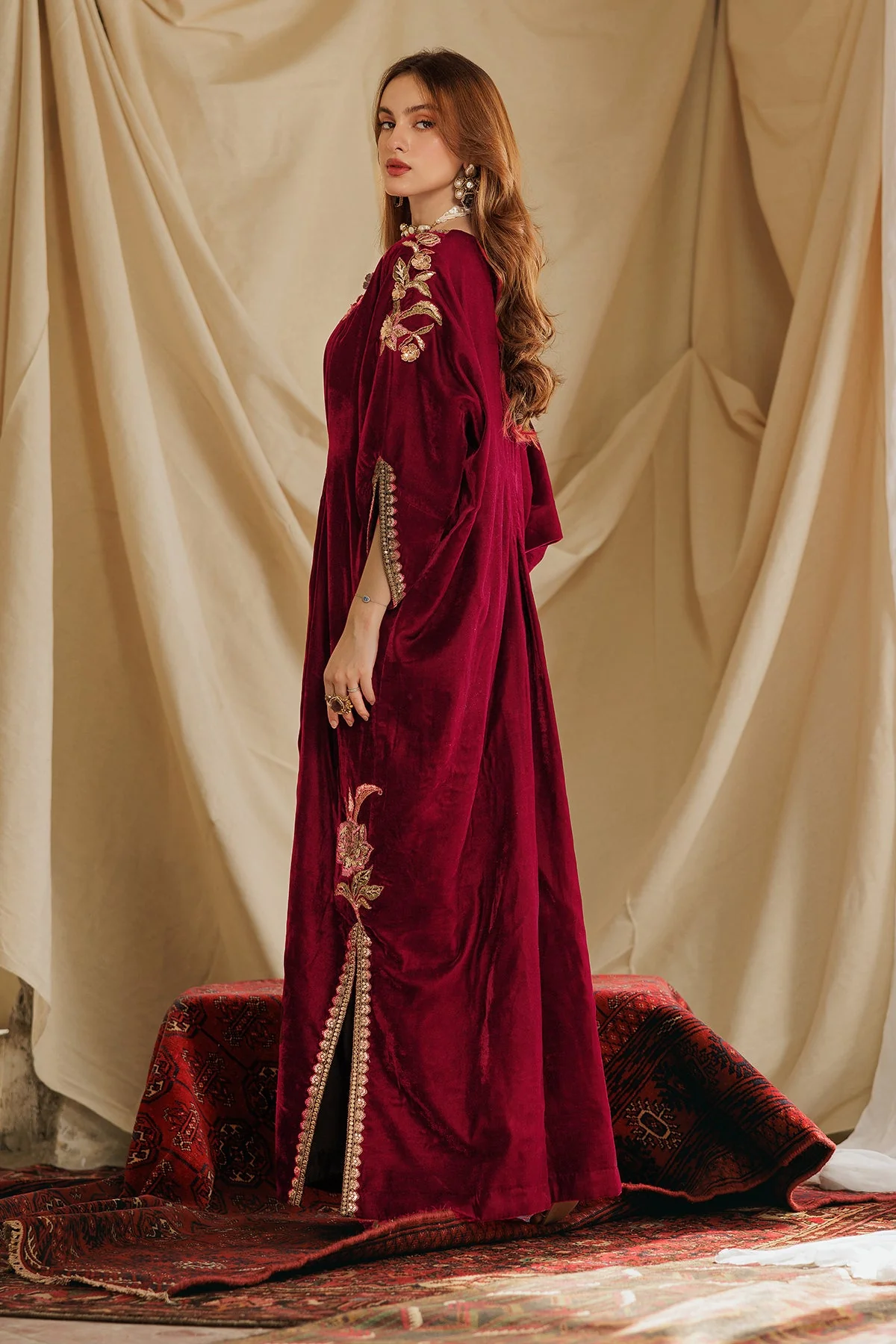 2-PC Embroidered Velvet Kaftaan with Silk Trouser VVT-5-17 RED - Image 3