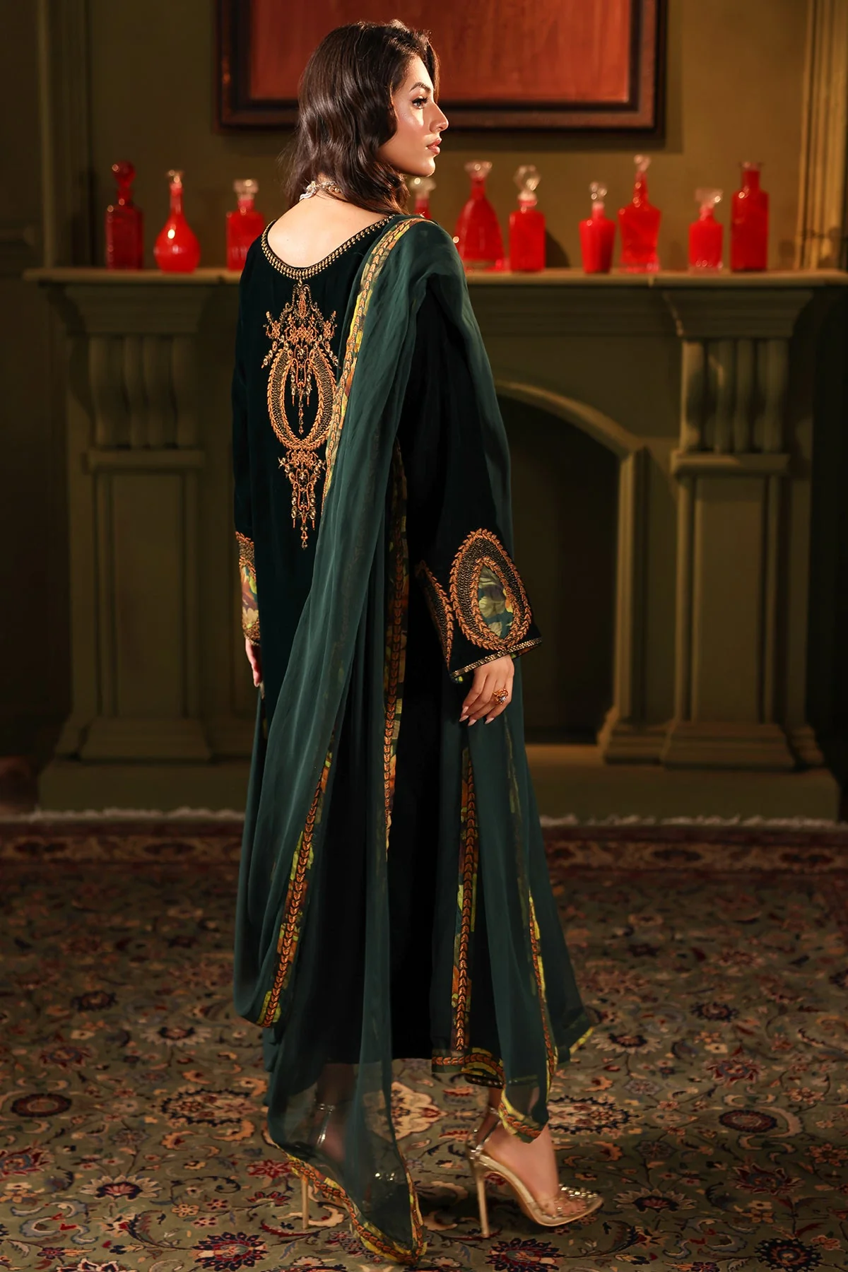 3-PC Embroidered Velvet Shirt with Embroidered Chiffon Dupatta and Trouser VVT4-01 - Image 10