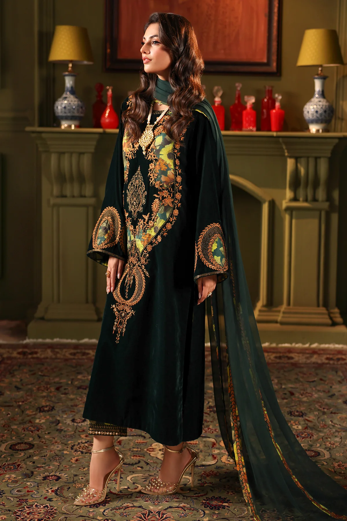 3-PC Embroidered Velvet Shirt with Embroidered Chiffon Dupatta and Trouser VVT4-01 - Image 4