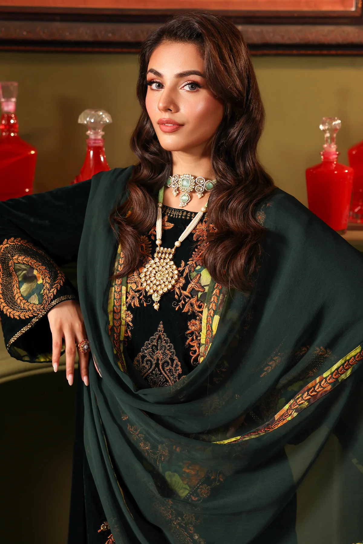 3-PC Embroidered Velvet Shirt with Embroidered Chiffon Dupatta and Trouser VVT4-01 - Image 5