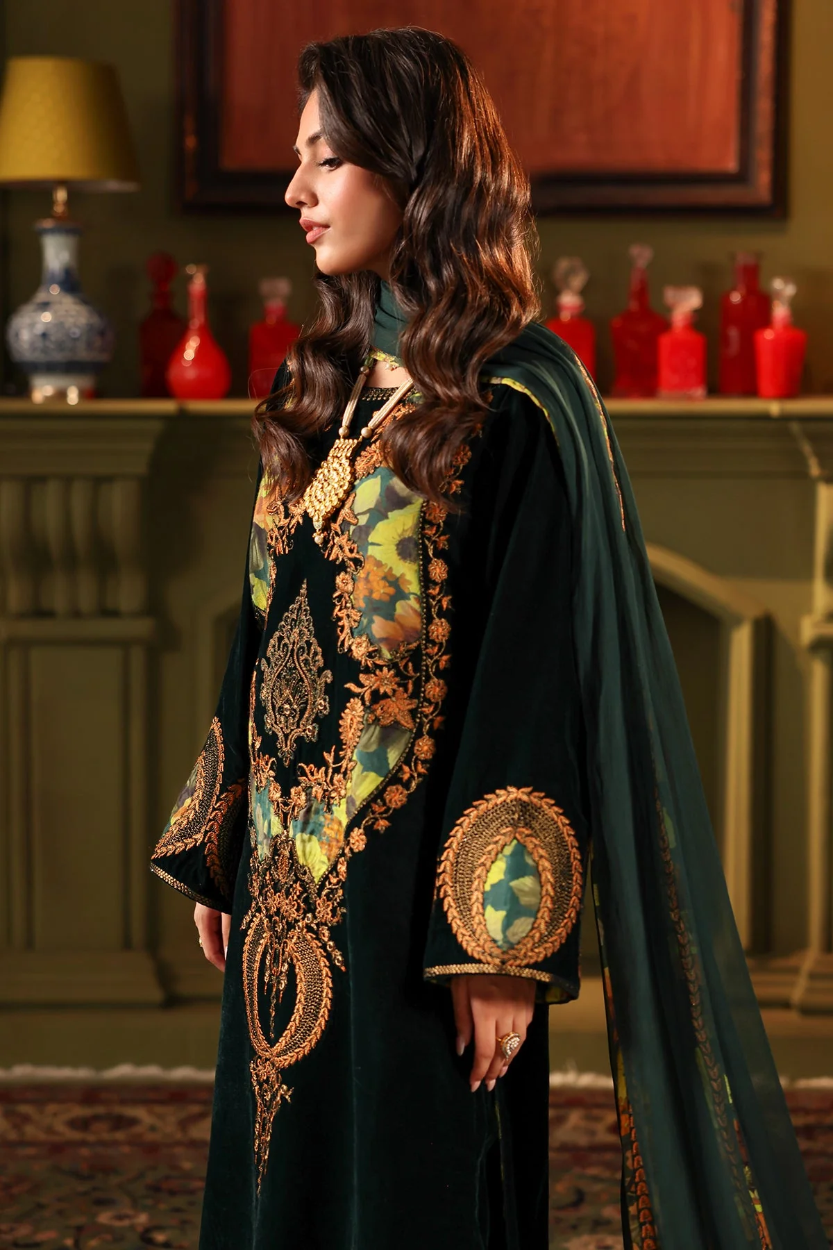 3-PC Embroidered Velvet Shirt with Embroidered Chiffon Dupatta and Trouser VVT4-01 - Image 9